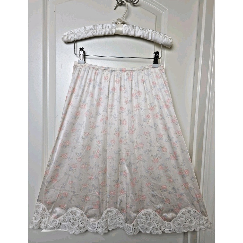 Vtg 1980s Floral HALF SLIP SKIRT Size M Antron Nylon Ivory Lace Vanity Fair